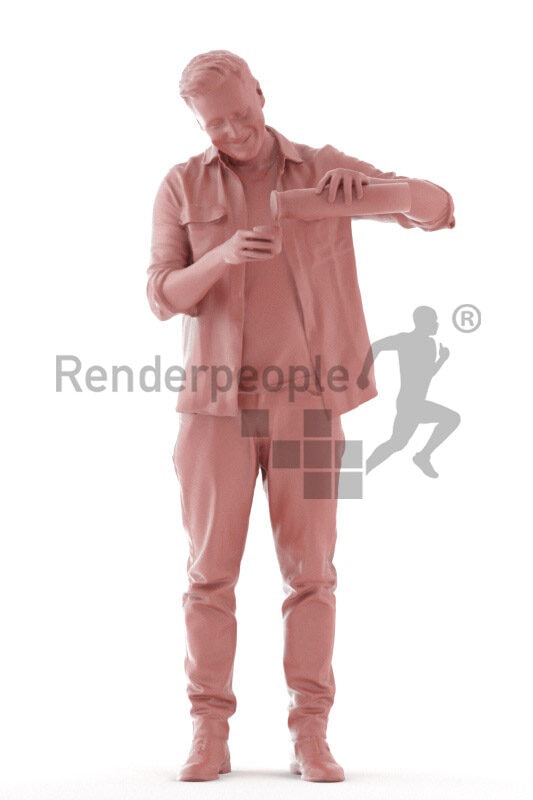 Photorealistic 3D People model by Renderpeople – european best ager man in casual daily look, standing and using his thermocan