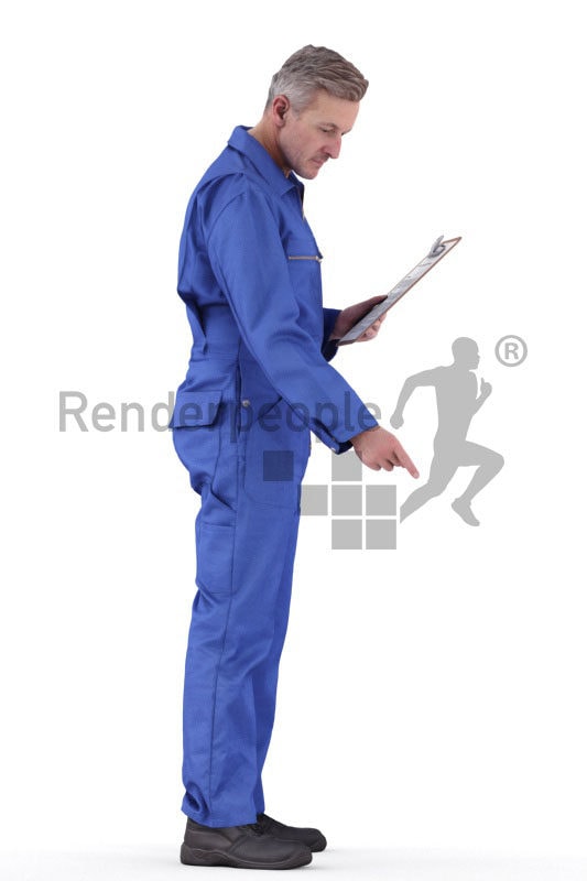 Posed 3D People model for renderings – european male in workwear, holding a clipboard and pointing