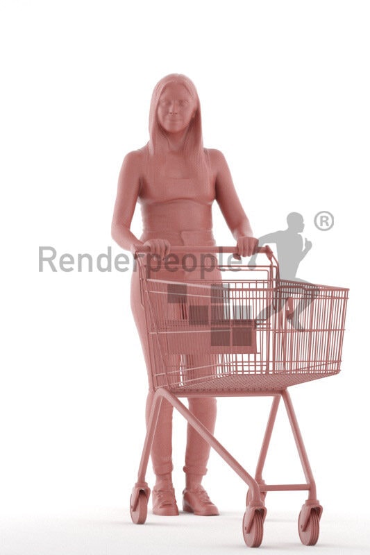 Photorealistic 3D People model by Renderpeople – european woman in casual daily look, with trolley in supermarket
