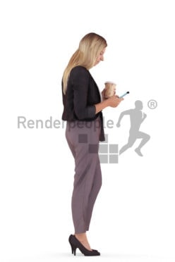 Posed 3D People model by Renderpeople – white female in office look, standid, texting and holding a coffe to go cup