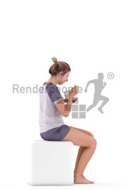 Posed 3D People model for renderings – european female in short pyjama, sitting and eating
