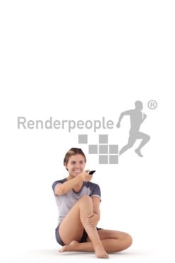 Posed 3D People model by Renderpeople – white female in sleepwear, sitting and using a remote controller