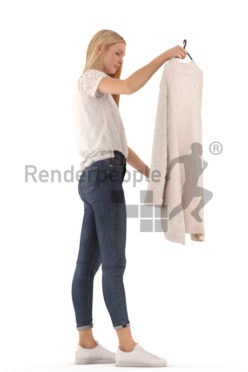 3d people casual, white 3d woman standing and looking at a cardigan