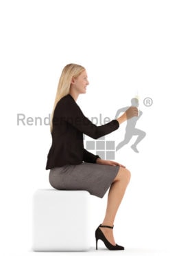 3d people business, white 3d woman sitting and drinking