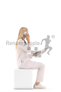 3d people doctor, white 3d woman sitting and calling