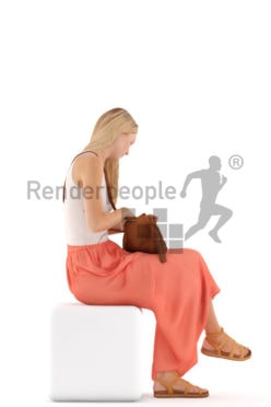 3d people casual, white 3d woman sitting and looking into her briefcase