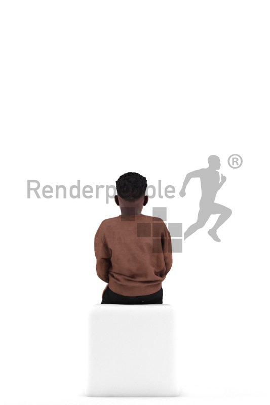 Posed 3D People model for visualization – black kid/boy in casual clothes, sitting and laughing