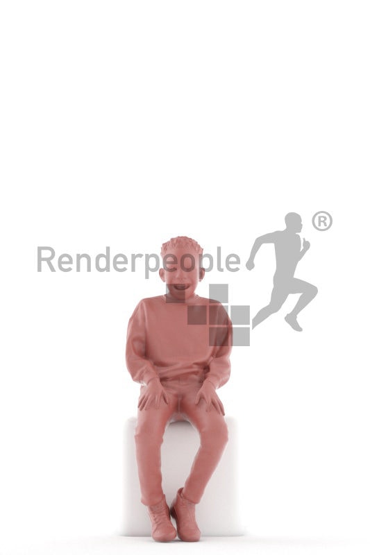 Posed 3D People model for visualization – black kid/boy in casual clothes, sitting and laughing