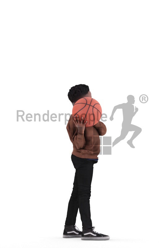 Scanned 3D People model for visualization – black kid playing basketball in casual clothes
