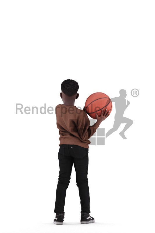 Scanned 3D People model for visualization – black kid playing basketball in casual clothes
