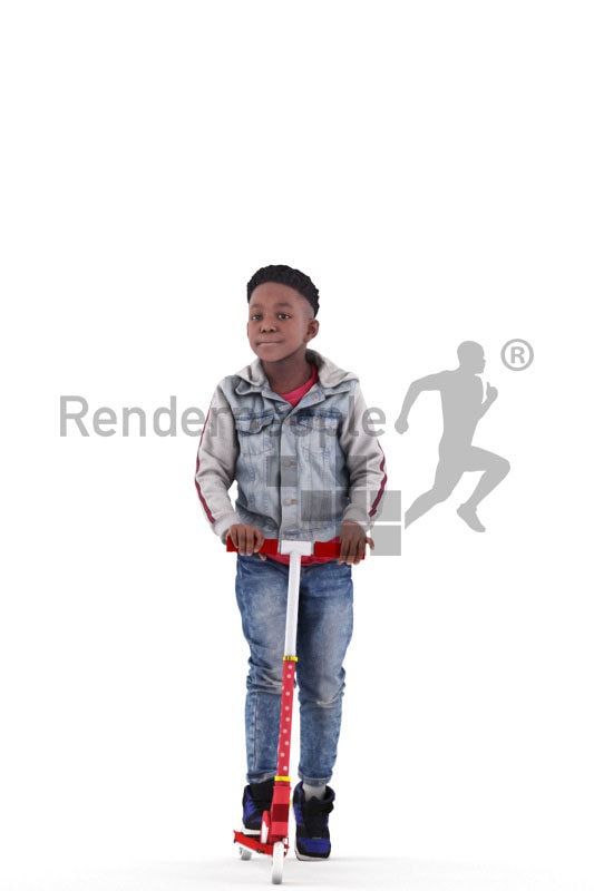 Photorealistic 3D People model by Renderpeople – black kid in daily outfit, using a scooter