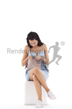 3d people casual, white 3d woman sitting and searching the bag