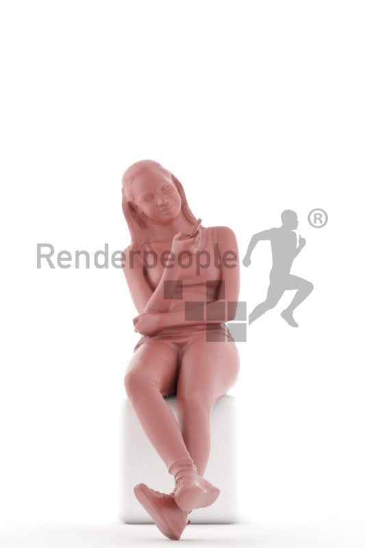 3d people casual, white 3d woman sitting and watching TV