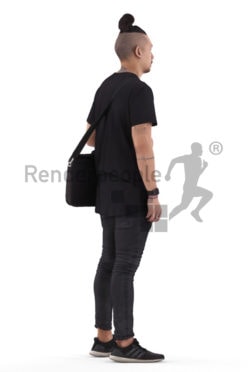3d people casual, 3d asian man standing with an office bag