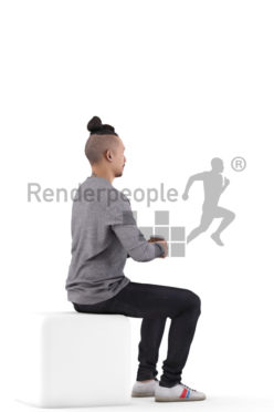 Posed 3D People model by Renderpeople – asian man in casual outfit, sitting and listening while holding a to go cup