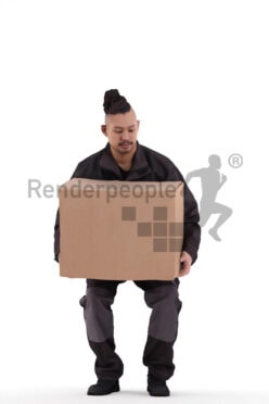 Scanned 3D People model for visualization – asian man in workwear, carrying a box