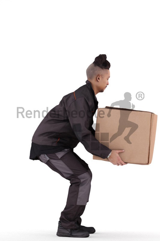 Scanned 3D People model for visualization – asian man in workwear, carrying a box