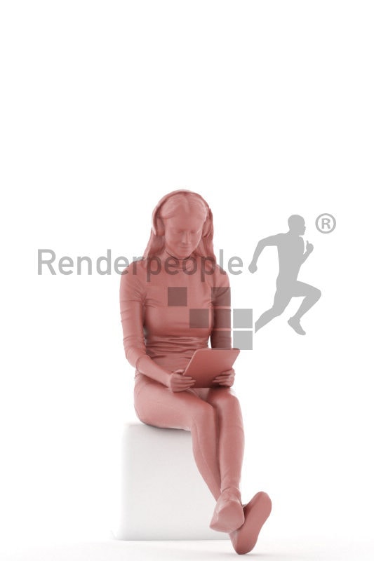 3D People model for 3ds Max and Sketch Up – european femal sitting with tablet and listening to music, casual clothing