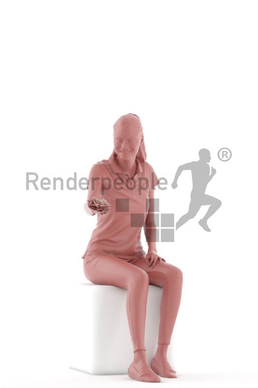 3D People model for 3ds Max and Sketch Up – eurpean female in casual look, sitting and offering chips