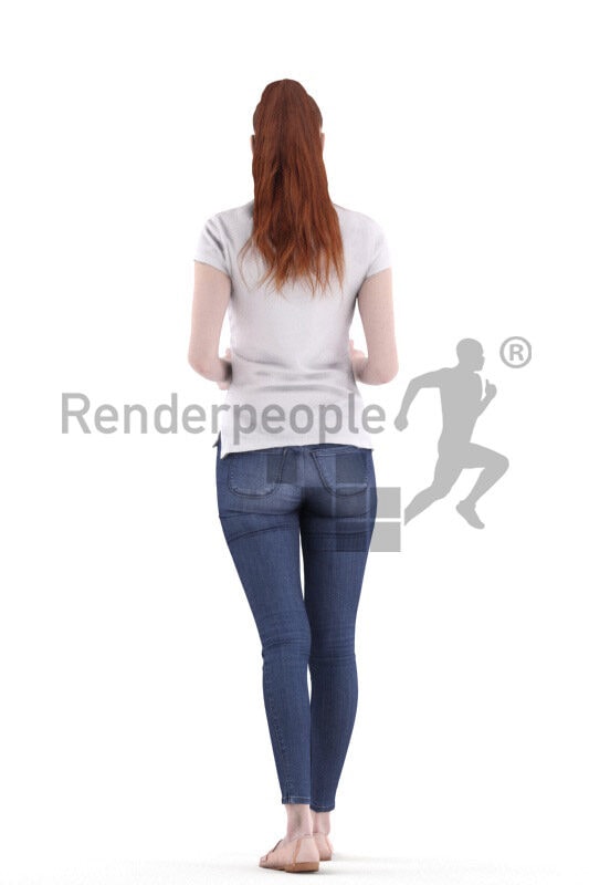 Posed 3D People model for visualization – european woman with red hair, walking and carrying two cups