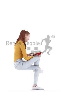 Posed 3D People model by Renderpeople – white woman with red hair, sitting and reading a book, casual look