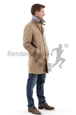 3d people outdoor, white 3d man wearing a jacket