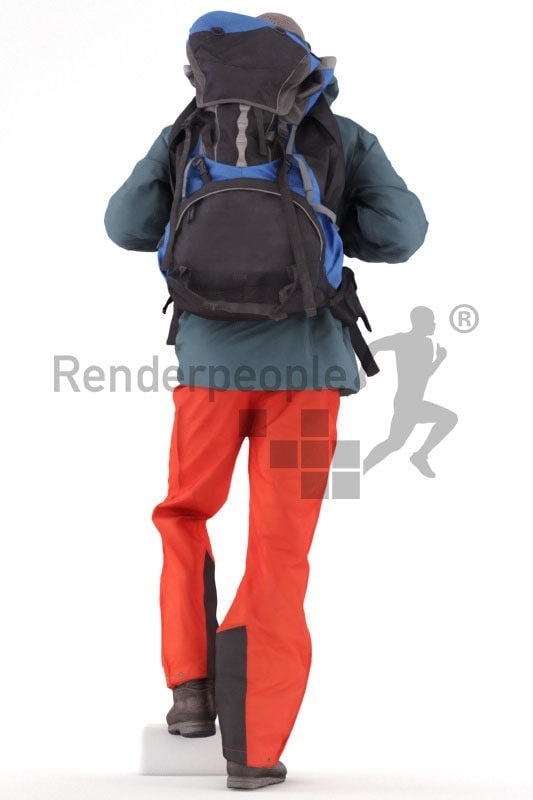 3d people outdoor, white 3d man walking and hiking