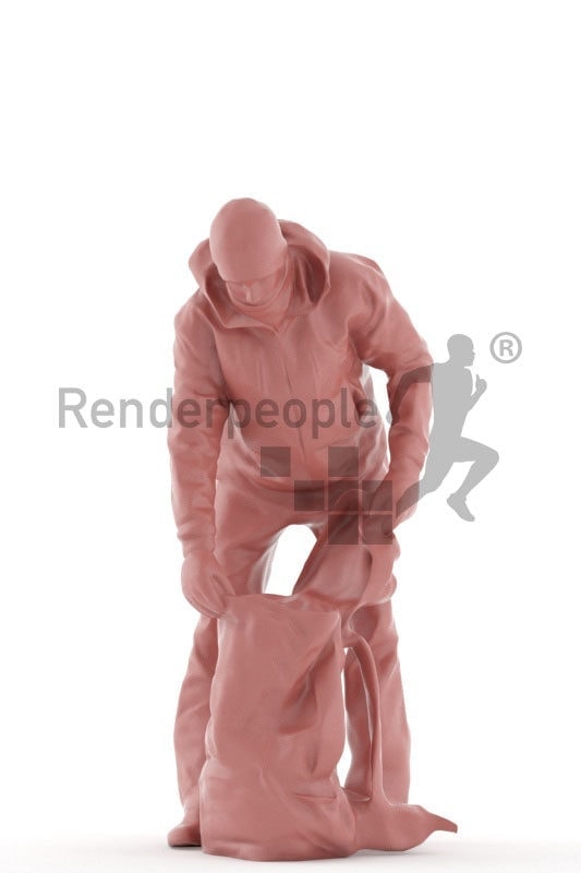 3d people outdoor, white 3d man standing and looking into bag