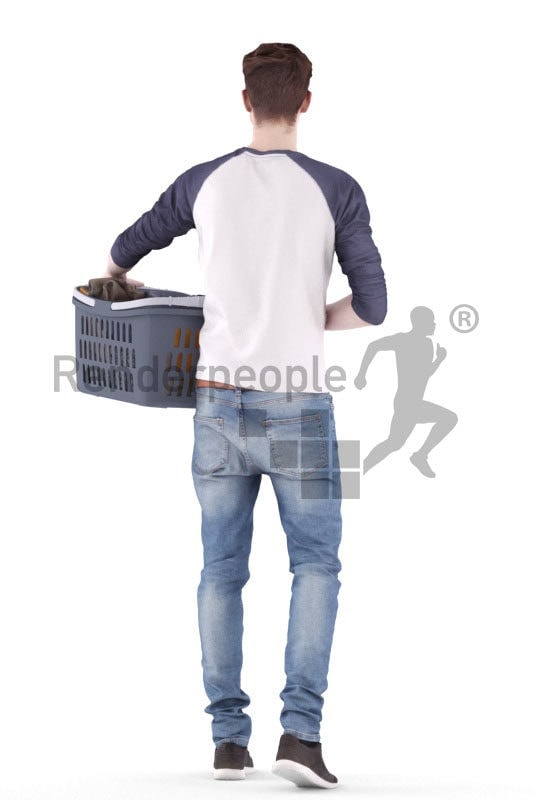 3d people casual, white 3d man walking and carrying basket