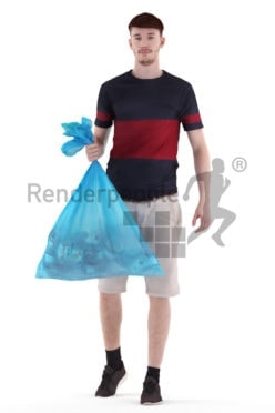3d people casual, white 3d man walking and bringing the trash out