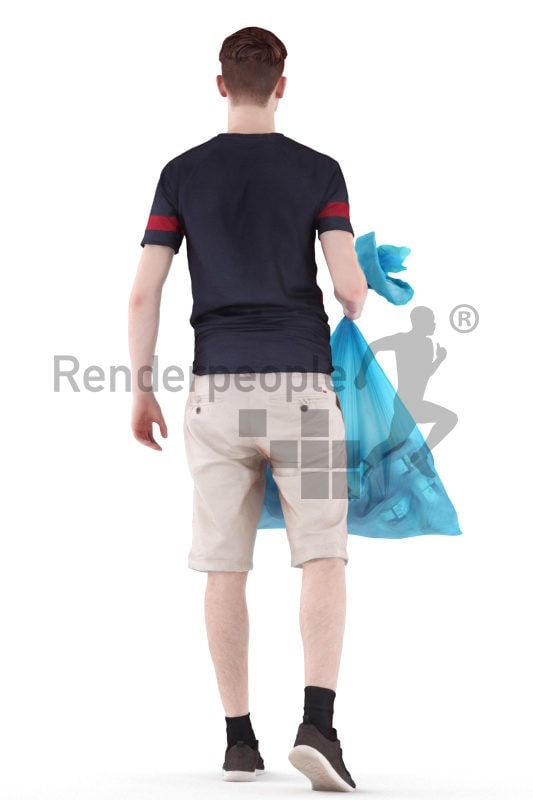3d people casual, white 3d man walking and bringing the trash out