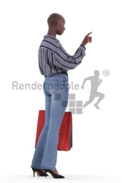 3D People model for 3ds Max and Maya – casual black woman with shopping bags, pointing on something