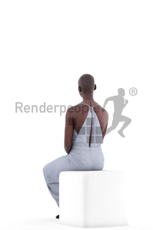 3D People model for 3ds Max and Blender – black woman, sitting at an event, wearing a jumpsuit