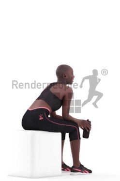 Scanned human 3D model by Renderpeople – black woman in sport wear, sitting with a bottle