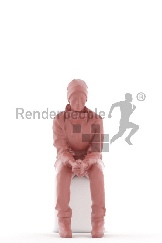 Photorealistic 3D People model by Renderpeople – black woman, sitting, with skii equipment