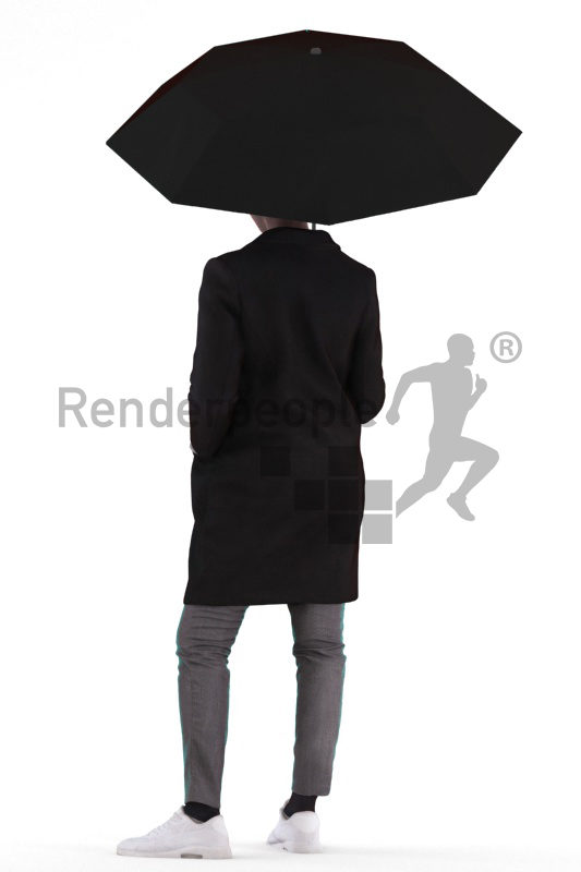 Posed 3D People model for renderings – black woman, standing, outdoor, with umbrella