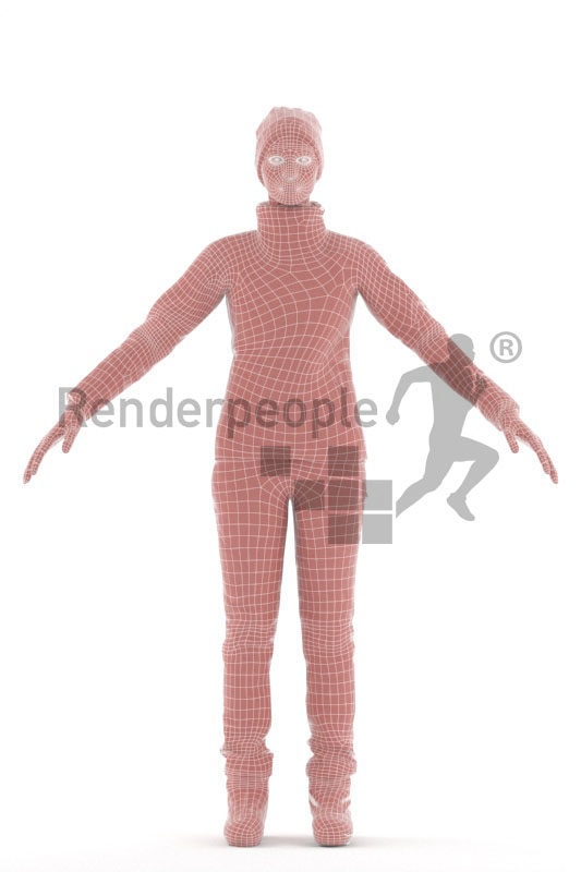 3d people sports, 3d black woman, with skiing equipment/gear