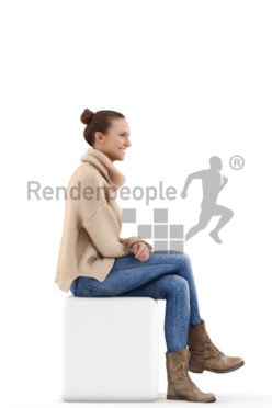 3d people casual, beautiful white 3d woman sitting and smiling