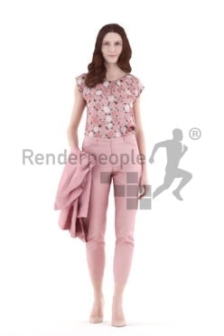 3d people event, white 3d woman walking and holding jacket