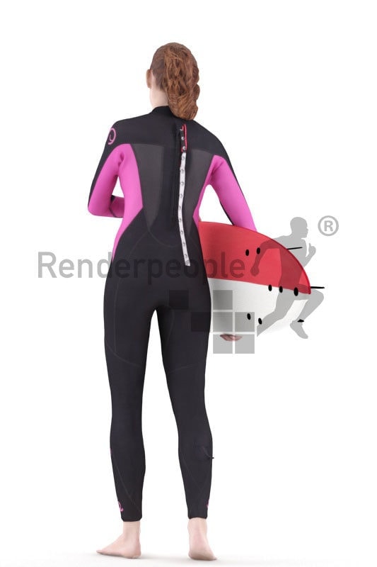 3d people swimwear, white 3d woman carrying surfboard