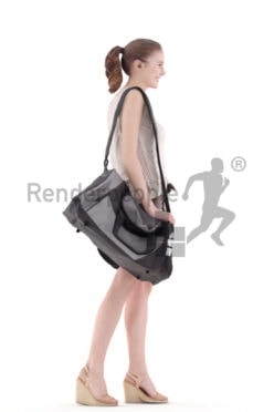 3d people casual, white 3d woman standing and carrying sportsbag