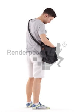 3d people casual, white 3d man standing and looking into bag
