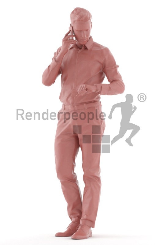Scanned human 3D model by Renderpeople – european male in business shirt, standing, calling and checking the time