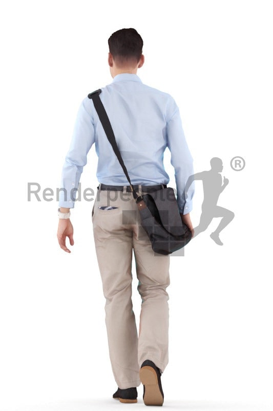 Scanned 3D People model for visualization – european man in business look, walking with bag