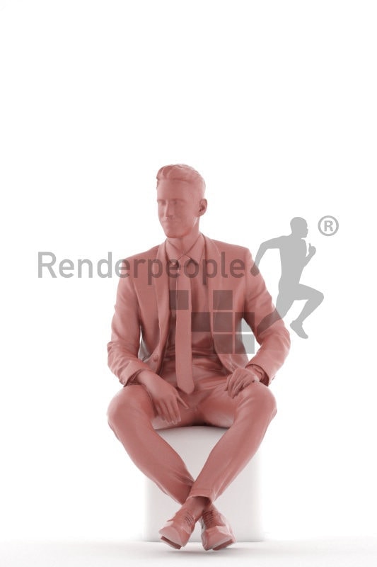 Photorealistic 3D People model by Renderpeople – white man sitting and listening in office look