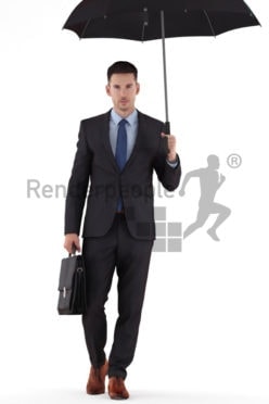 3D People model for 3ds Max and Cinema 4D – white male in business look, walking outside with business bag and umbrella