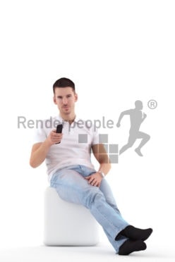 Scanned human 3D model by Renderpeople – european man in daily shirt, chilling and using the remote controller, watching tv