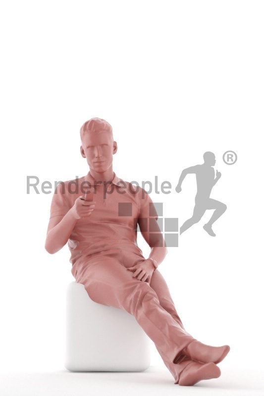 Scanned human 3D model by Renderpeople – european man in daily shirt, chilling and using the remote controller, watching tv