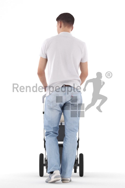Posed 3D People model for visualization –white man walking with a buggy