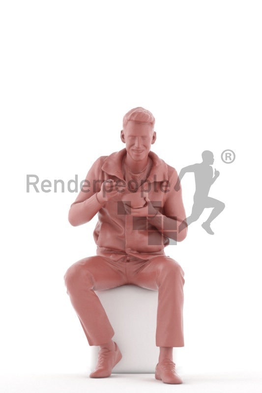Realistic 3D People model by Renderpeople – european male in daily look, eating cornflakes/soup out of a bowl